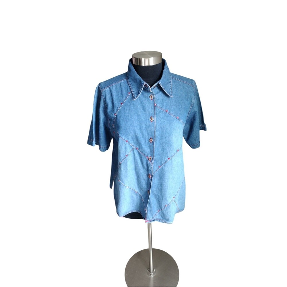 Club Z Vintage Blue Denim Shirt 14-16 Red Stitching Red Rhinestone Cowgirl